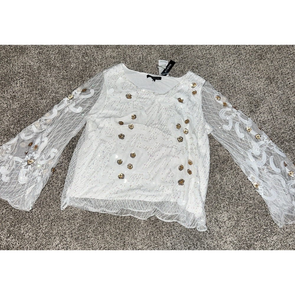 Juliette Winter White Sheer Blouse Gold Toned Sequin Beads Bell Sleeves‎